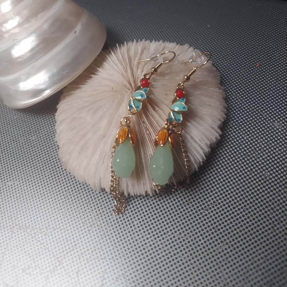 Spring Flowers Earrings Dangle Jade Drops Enamel Bead